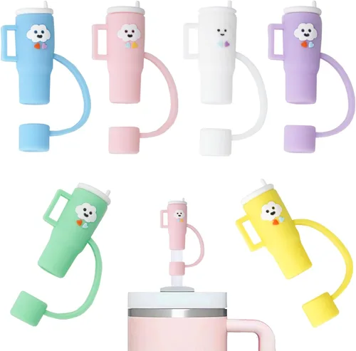 Miniatura 27 de 6 fundas de paja con diseño de flores bonitas compatibles con vasos Stanley de 30 y 40 onzas, tapas reutilizables de silicona para popotes, 18-6