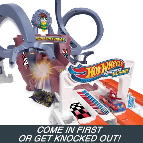 Miniatura 5 de Conjunto de pista de coche de juguete Hot Wheels, pista de carreras de telarañas de Spider-Man de RacerVerse, carrera competitiva con 2 vehículos