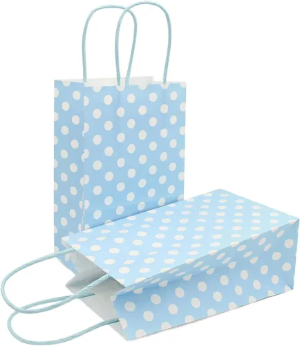 AZOWA Bolsas de papel azul claro con lunares blancos, pequeñas bolsas de regalo de lunares azul claro para recuerdos de fiesta (5 x 3.1 x 8.2