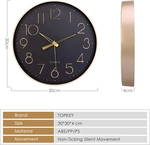 Miniatura 5 de Topkey Reloj de pared negro de 12 pulgadas, silencioso, sin tictac, reloj de pared redondo decorativo para sala de estar, dormitorio, cocina
