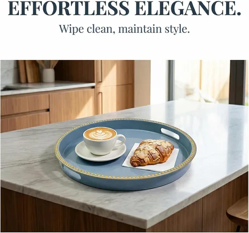 Miniatura 4 de Bandeja decorativa azul para mesa de café, bandeja de servir redonda de plástico con cuentas para encimera de cocina, otomana, sala de estar, (13")