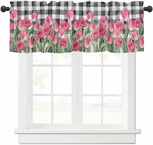 Miniatura 11 de Cortina de cenefas de lavanda púrpura pastoral para cocina, cafetería, cenefa floral de primavera de 42 x 12 pulgadas, bolsillo para barra, cortinas