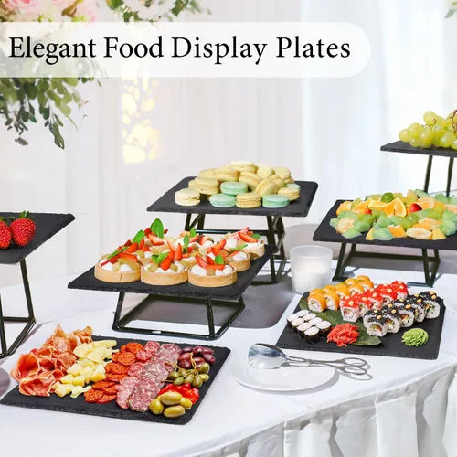 Miniatura 6 de Paquete de 4 tablas de queso de pizarra de 12 x 10 pulgadas, platos de piedra negra, bandeja de charcutería, bandeja de queso gourmet con tizas