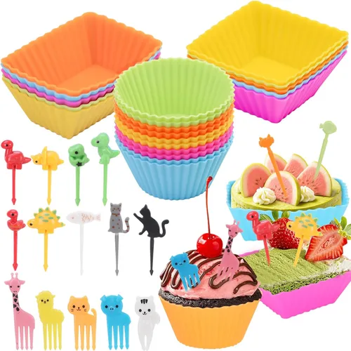 Miniatura 7 de Paquete de 12 moldes de silicona para cupcakes, moldes reutilizables para muffins – moldes redondos, cuadrados y rectangulares para hornear