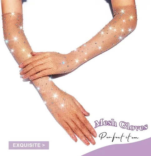 Miniatura 2 de Guantes largos de malla con diamantes de imitación, guantes de red brillantes de moda, ópera, rave, fiesta, disfraces, guantes para mujeres y niñas