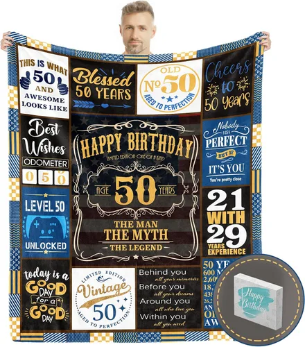 Regalos de cumpleaños 50 para él, manta de cumpleaños 50 para hombres con caja de regalo, regalo de cumpleaños de 50 años para hombres que cumplen