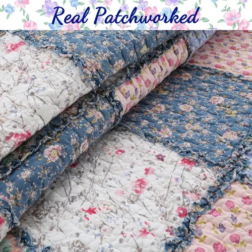 Miniatura 3 de Cozy Line Home Fashions - Juego de ropa de cama reversible de 100% algodón con diseño de patchwork real, estilo cottage francés, floral, colcha