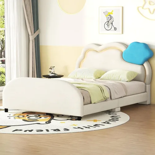 Miniatura 10 de Cama de plataforma tapizada de tamaño individual con cabecero en forma de oso y rayas de luz incrustadas, bonito marco de cama de plataforma