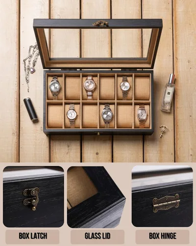 Miniatura 2 de Exper City Caja de reloj, caja de reloj para hombres y mujeres con tapa de vidrio grande, caja de almacenamiento de madera con 12 ranuras