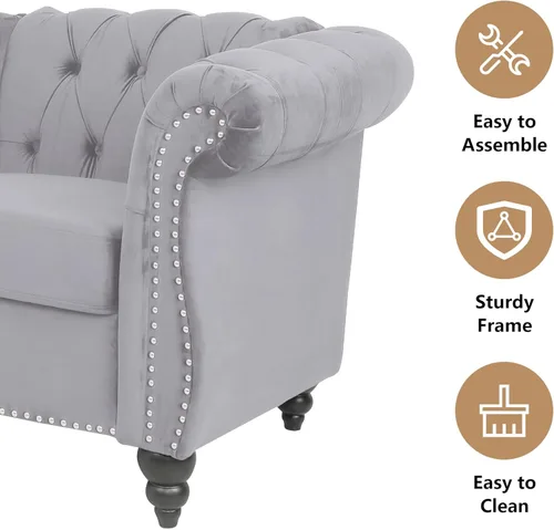 Miniatura 5 de QHITTY Sofá de Acento, Sofá Biplaza Chesterfield Moderno de Terciopelo, Sofá Tapizado con Respaldo Capitoné para Muebles de Sala de Estar (Gris)
