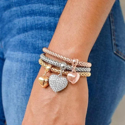 Miniatura 2 de SILANER Pulseras multicapa con dijes de cristal, 3 unidades, oro y plata, oro rosa, pulsera elástica en forma de corazón para mujer, árbol de la vida