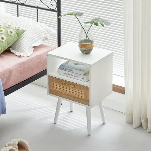 Miniatura 16 de Mesita de noche, mesa auxiliar con cajón decorativo de ratán y patas de madera maciza, mesa decorativa de madera con almacenamiento para dormitorio