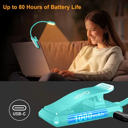Miniatura 6 de Gritin Luz de libro recargable de 16 LED para leer en la cama, cuidado de los ojos, 3 temperaturas de color, brillo de atenuación continua, 80 horas
