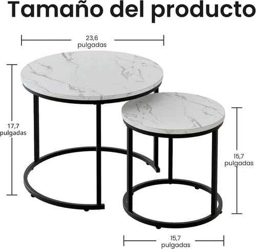 Miniatura 3 de aboxoo Juego de 2 mesas de centro redondas anidadas, mesa auxiliar para sala de estar, dormitorio, balcón, mesa de acento de madera con marco