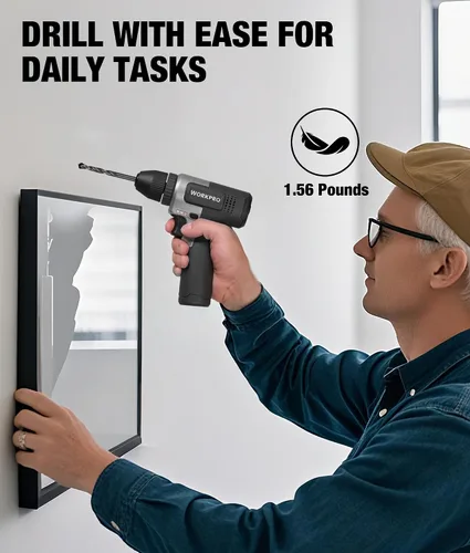 Miniatura 2 de WORKPRO Juego de taladro inalámbrico de 8 V, taladro eléctrico de 2 Ah con portabrocas sin llave de 3/8 pulgadas, 15 puntas, carga tipo C, LED