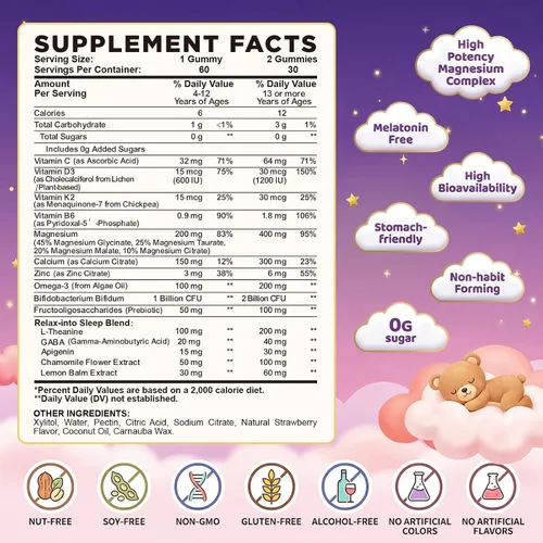Miniatura 3 de Gomitas calmantes de magnesio para niños y adultos, complejo de magnesio con L-teanina, vitamina C, K2, D3, Omega-3, GABA, manzanilla, apoya