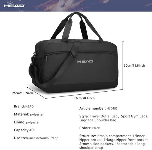 Miniatura 5 de HEAD Bolsa de viaje impermeable de 40L para hombres, bolsas deportivas grandes para gimnasio, fitness, fin de semana durante la noche, bolsa