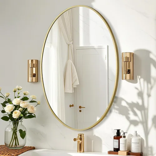 Miniatura 8 de Espejo ovalado dorado para baño, espejo de baño ovalado de 20 x 28 pulgadas con marco de metal cepillado, espejo de tocador decorativo montado