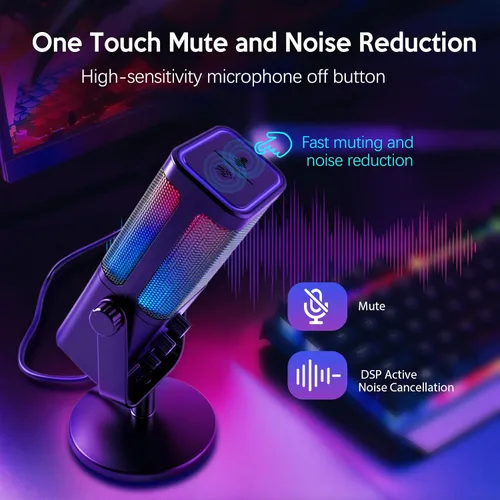 Miniatura 4 de VCOM - Micrófono USB para PC, micrófono RGB para juegos con botón de silencio, control de ganancia, conector de auriculares de monitoreo de 3.5 mm