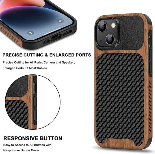 Miniatura 5 de TENDLIN Funda Magnética Compatible con iPhone 14 Plus Funda de Madera con Textura de Fibra de Carbono Diseño Híbrido de Cuero Cubierta Delgada Negro