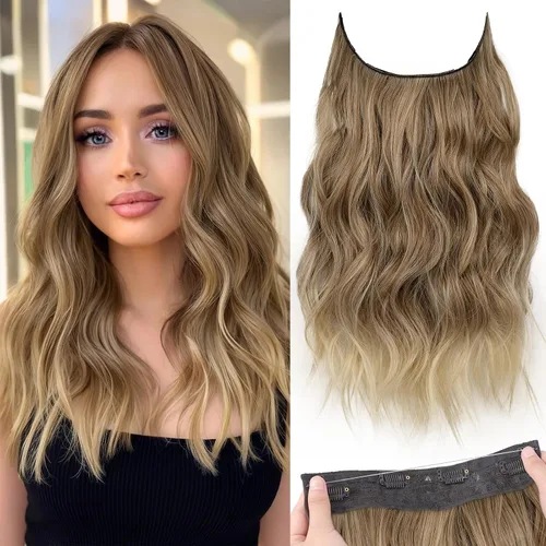 Miniatura 20 de KooKaStyle - Extensiones de cabello con hilo invisible, diadema transparente, ajustables, 4 clips fijadores, cabello largo y ondulado de 12