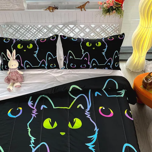 Miniatura 6 de BailiPromise Juego de edredón de 3 piezas con diseño de animales Kawaii negros para niños, tamaño individual, lindo juego de ropa de cama de dibujos