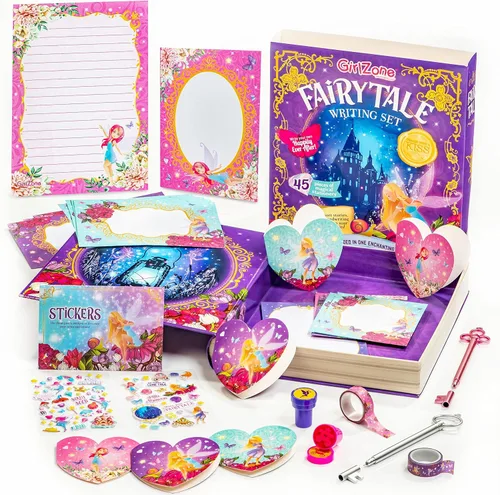 GirlZone Princess Stationery Set - Juego de 45 piezas para escribir letras de cuento de hadas, papel multicolor con letras de hadas y sobres, sellos