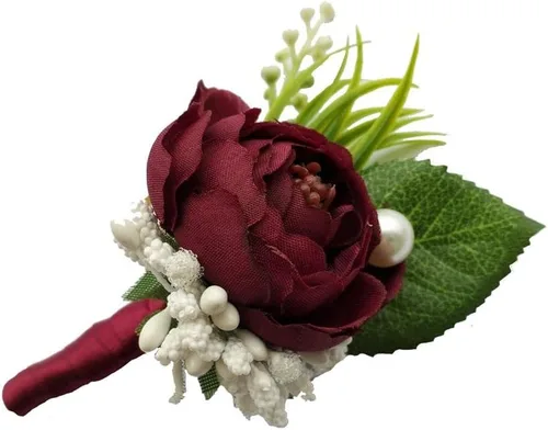 Miniatura 5 de 6 pedazos/lote novio Boutonniere hombre ojales DIY boda artificial flores falsas decoración del partido (rojo vino)