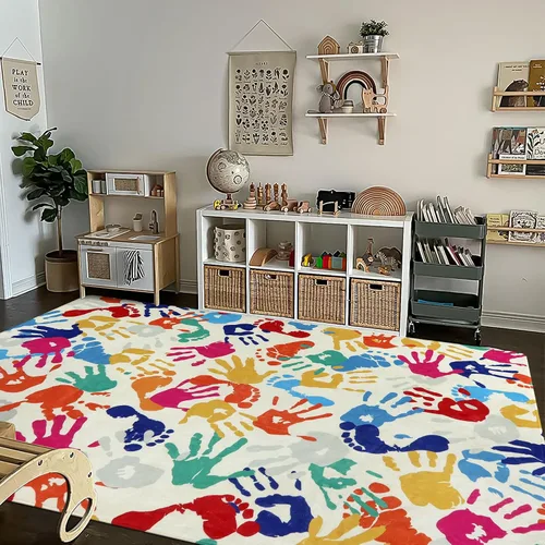 Miniatura 3 de STARUIA Alfombra colorida para sala de juegos de 8 x 10 pulgadas, alfombra grande de huellas de manos y huellas, alfombra antideslizante y lavable