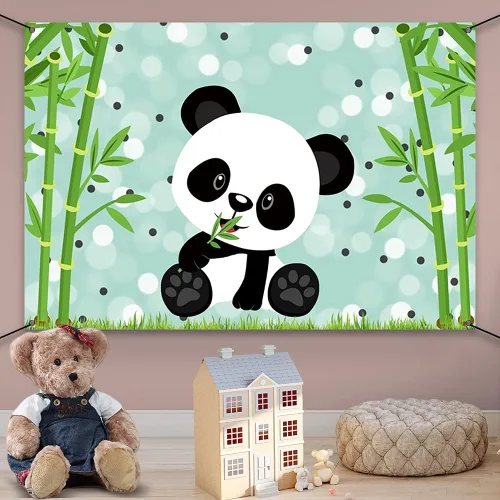 Miniatura 5 de AWERT Cartel de poliéster de 6 x 3.6 pies con lindo panda de dibujos animados para niños, decoración de fiesta de cumpleaños, suministros de fiesta