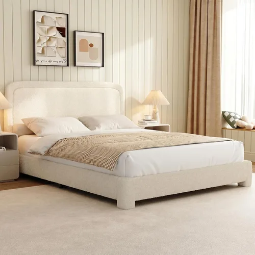 Miniatura 13 de Base de cama tamaño Queen, marco de cama Boucle con cabecera ajustable, cama de plataforma tapizada moderna con listones de madera, esquinas Beige