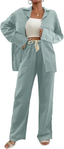 Miniatura 2 de Ekouaer Conjunto de pijama de dos piezas para mujer de lino y algodón con botones de manga larga con bolsillo S-XXL