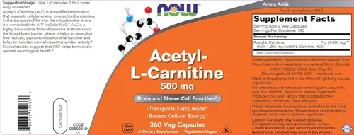 Miniatura 5 de NOW Foods Now Acetil L Carnitina 500 mg, 360 cápsulas vegetales (paquete de 2) – Sin OGM ACL 500 mg Cápsulas Suplemento para hombres y mujeres