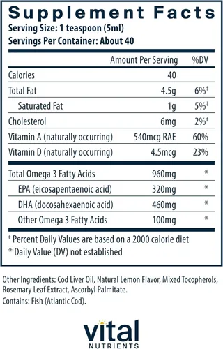 Miniatura 2 de Vital Nutrients - Aceite de hígado de bacalao ultra puro 1025 (grado farmacéutico) - Aceite de hígado de bacalao noruego 100% puro - 6.8 fl oz por