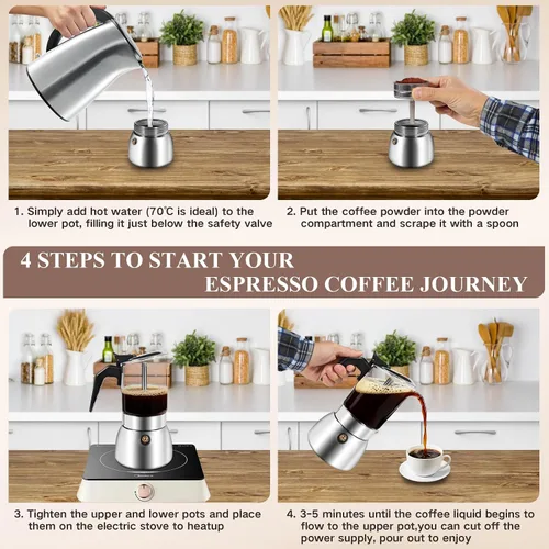 Miniatura 4 de Moka Pot - Máquina de café expreso para estufa, tapa de cristal y cafetera italiana de acero inoxidable 304, cafetera de café italiano de 10.1 fl oz