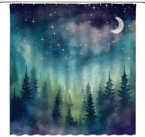 Cortina de ducha con diseño de luna de bosque, acuarela, bosque brumoso, fantasía, cielo estrellado, galaxia, naturaleza, paisaje gótico, abstracto,