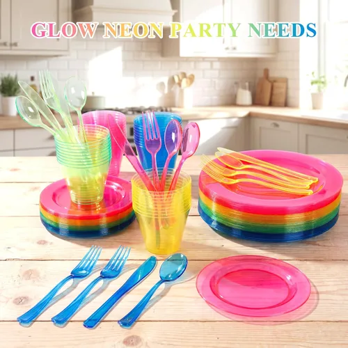 Miniatura 7 de Supernal Juego de vajilla de plástico de 216 piezas incluye platos desechables arcoíris para fiesta resistentes, vasos desechables coloridos, 216