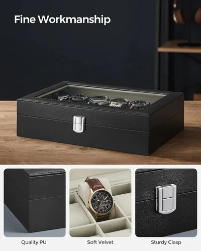 Miniatura 3 de SONGMICS Watch Box, 12-Slot Watch Case with Large Glass Lid, Removable Watch Pillows, Watch Box Organizer, Gift for Loved Ones, Black Synthetic