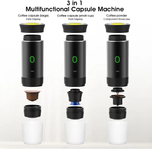 Miniatura 4 de Cafetera portátil 3 en 1 – Máquina de café espresso eléctrica para viajes – Compatible con café molido, cápsulas NS y DG – Cafetera portátil Negro