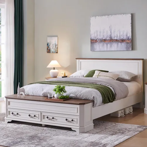 Miniatura 11 de T4TREAM Cama Queen de granja con cabecera y banco de almacenamiento, cama de plataforma de madera rústica con baúl de almacenamiento de 64 pulgadas
