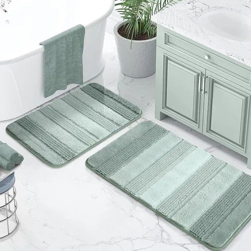 Miniatura 14 de Kmson Juego de 3 alfombras de baño de chenilla ombré, antideslizantes, ultra suaves, lavables, alfombras de baño peludas para bañera, tapete de Azul