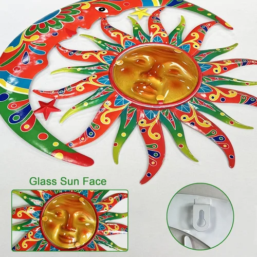 Miniatura 5 de Limygus Adornos de Sol y Luna para Pared para Exteriores, Arte de Pared de Metal Colorido con Sol y Luna y Estrellas Perfecto para Patio, Jardín