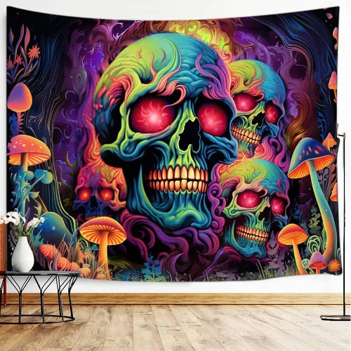 Miniatura 4 de Tapiz de calavera con luz negra, arte de pared de esqueleto reactivo a los rayos UV para dormitorio, pósteres de luz negra para adultos, tapiz