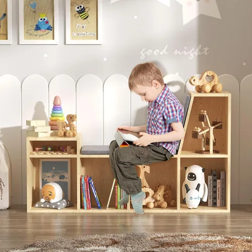 Miniatura 3 de HedoAjim Rincón de lectura para niños con almacenamiento, estantería infantil de 6 cubos con cojín de asiento suave, banco de lectura para sala