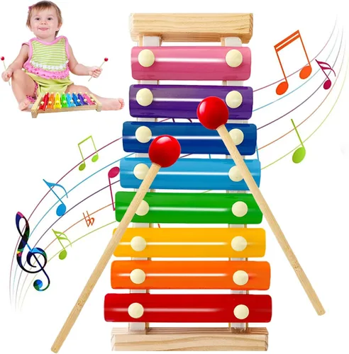 Xilófono de madera para niños, juguete de xilófono para niños pequeños con 2 mazos seguros para niños, 8 teclas diatónicas, instrumentos musicales