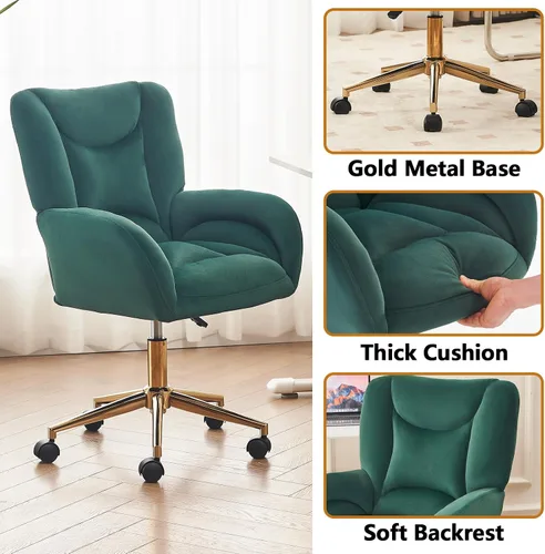 Miniatura 4 de Silla de escritorio de terciopelo suave cómoda con patas y ruedas de metal dorado, silla de oficina cómoda giratoria de 360 grados con altura Verde