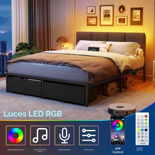 Miniatura 3 de Furnulem Marco de Cama Queen con Cabecera Ajustable, Cama Tapizada con 2 Cajones de Almacenamiento, Estación de Carga USB Integrada y Luces LED, Gris