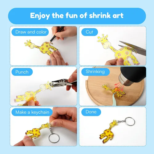 Miniatura 5 de Auihiay Set de 198 Piezas de Plástico Termocontraíble Incluye 20 Hojas de Papel Termocontraíble, Perforadora, Accesorios de Llaveros y Lápices
