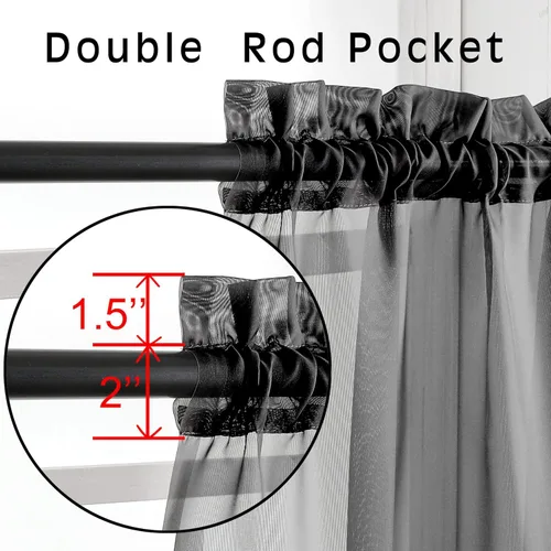 Miniatura 3 de OVZME 2 cortinas traslúcidas negras de 96 pulgadas de largo para sala de estar, cortinas de gasa ligeras y aireadas, con bolsillo superior para Negro