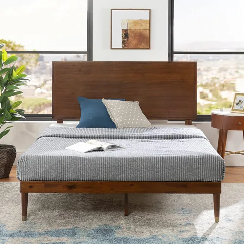 Miniatura 6 de Zinus Deluxe cama de madera estilo de medio siglo con cabecero, sin necesidad de colchon de resortes, Pino, Marrón